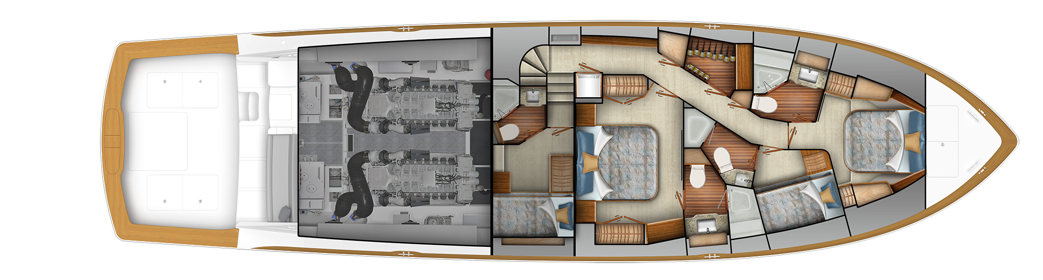 Four Stateroom Queen Layout with Rod and Tackle Room